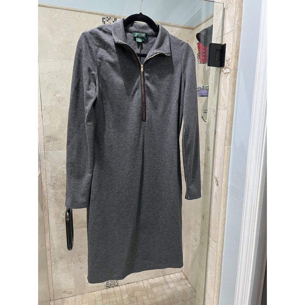 Lauren Ralph Lauren Gray Lamb Leather Elbow Patch Zip Long Sleeve Dress 8